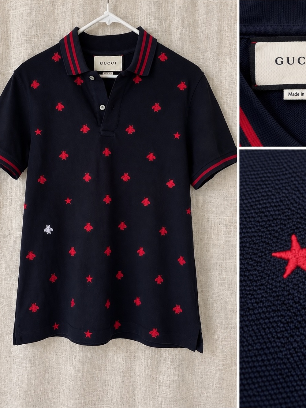 Gucci Men’s Polo Shirt Size Small Navy Red Bee Star Embroidered Made in Italy